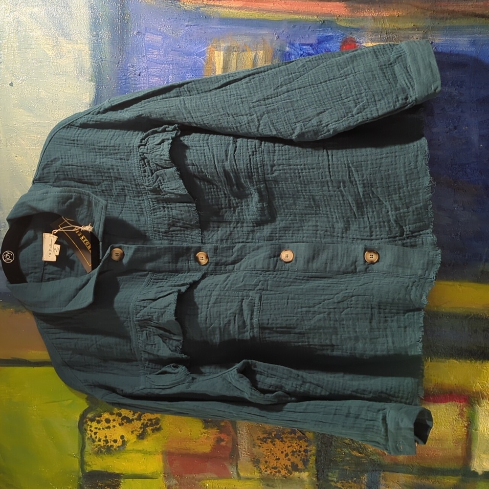 143 Story By Line Up Teal Crop Boxy Button Down 3/4 Length sleeve Size Small NWT
